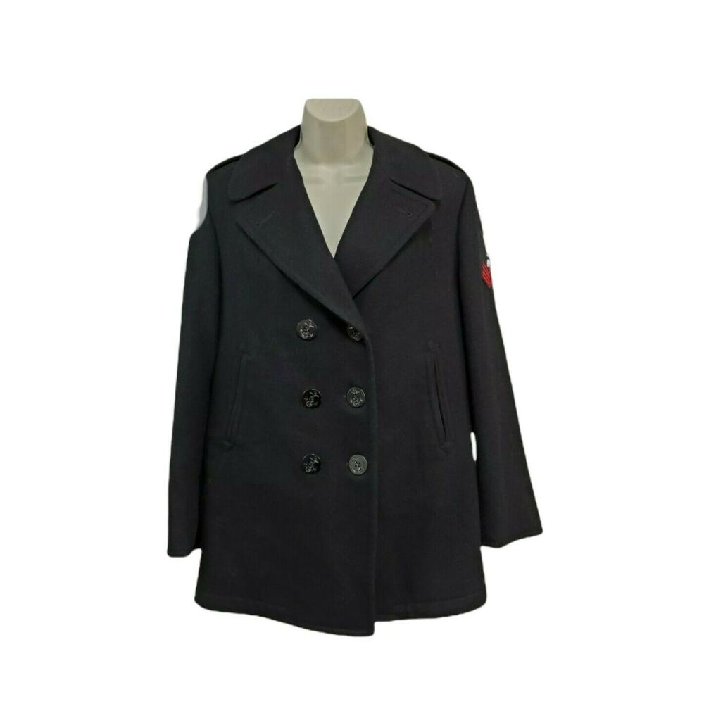 Peacoat Womens 12 Black Wool Dbl Breasted Navy Eagle Patch Nautical Winter Coat